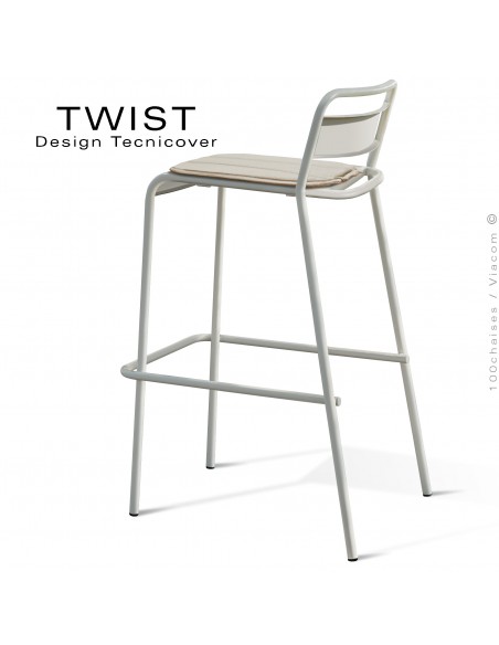 Tabouret de bar d'extérieur TWIST, structure acier galvanisé peint blanc perle, assise coussin housse, tissu hydrofuge argile.