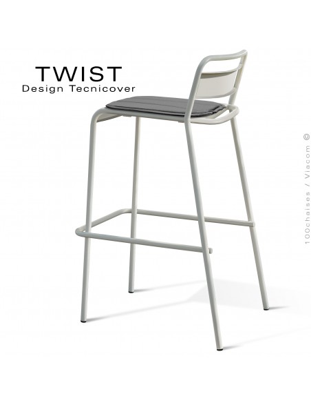 Tabouret de bar d'extérieur TWIST, structure acier galvanisé peint blanc perle, assise coussin hydrofuge gris foncé.