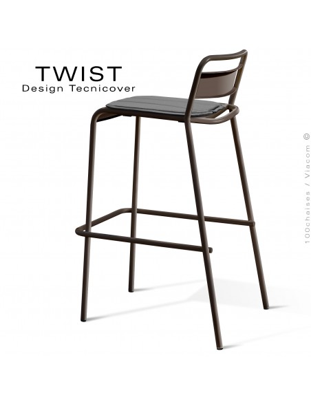 Tabouret de bar d'extérieur TWIST, structure acier galvanisé peint bronze, assise coussin housse, tissu hydrofuge gris foncé.