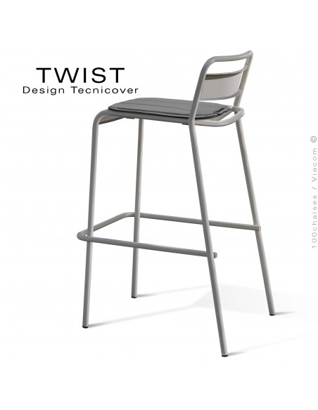 Tabouret de bar d'extérieur TWIST, structure acier galvanisé peint gris Tourterelle, assise coussin hydrofuge gris foncé.