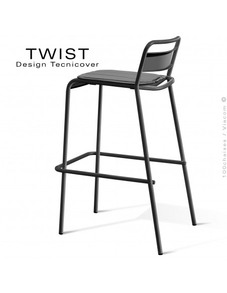 Tabouret de bar d'extérieur TWIST, structure acier galvanisé peint noir, assise coussin hydrofuge gris foncé.