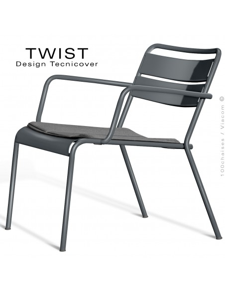Fauteuil lounge d'extérieur TWIST, structure acier galvanisé peint anthracite, assise coussin housse, tissu couleur gris foncé.