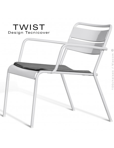 Fauteuil lounge d'extérieur TWIST, structure acier galvanisé peint blanc, assise coussin housse, tissu couleur gris foncé.