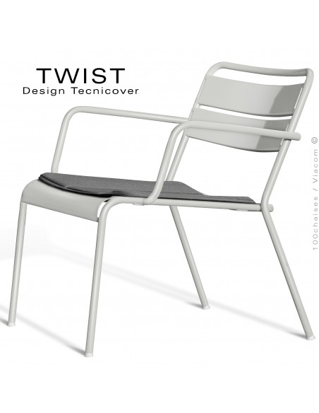 Fauteuil lounge d'extérieur TWIST, structure acier galvanisé peint blanc perle, assise coussin housse, tissu couleur gris foncé.