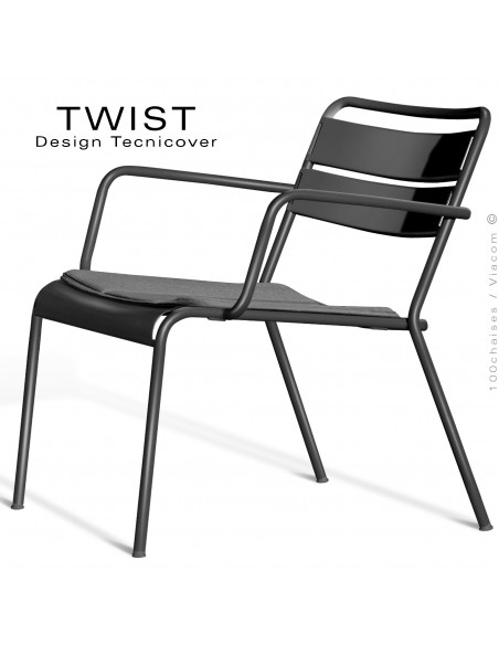 Fauteuil lounge d'extérieur TWIST, structure acier galvanisé peint bronze, assise coussin housse, tissu couleur gris foncé.