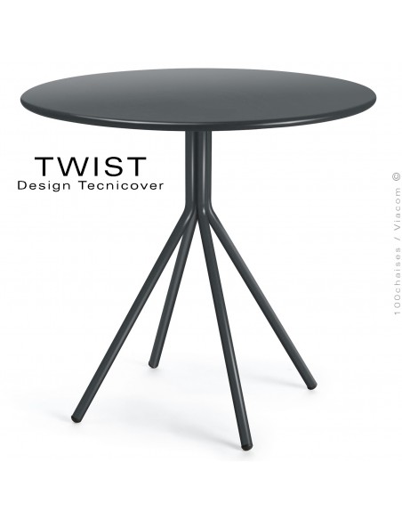 Table ronde pour extérieur TWIST, structure acier galvanisé peint anthracite, plateau tôle Ø80 cm., chant arrondie.