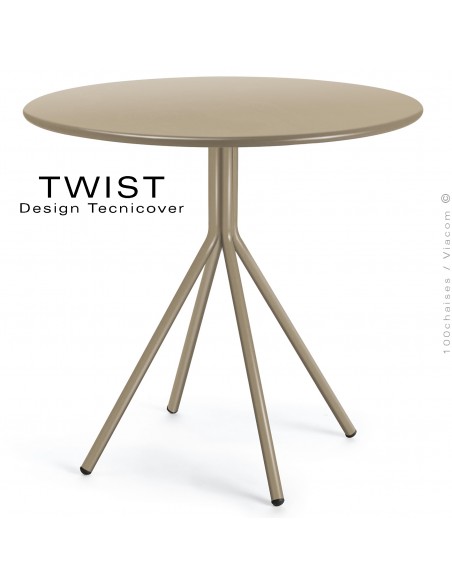 Table ronde pour extérieur TWIST, structure acier galvanisé peint beige, plateau tôle Ø80 cm., chant arrondie.