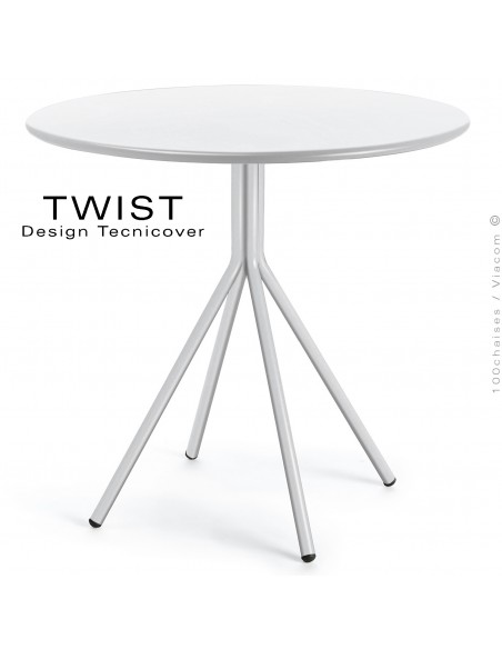 Table ronde pour extérieur TWIST, structure acier galvanisé peint blanc, plateau tôle Ø80 cm., chant arrondie.