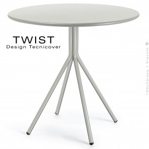 Table ronde pour extérieur TWIST, structure acier galvanisé peint blanc perle, plateau tôle Ø80 cm., chant arrondie.