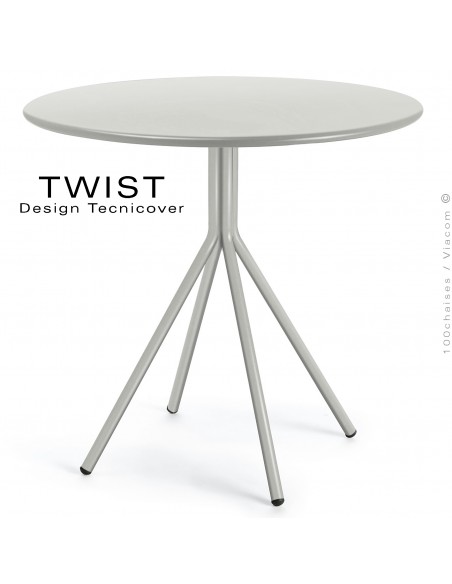 Table ronde pour extérieur TWIST, structure acier galvanisé peint blanc perle, plateau tôle Ø80 cm., chant arrondie.