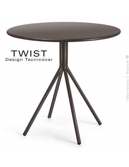 Table ronde pour extérieur TWIST, structure acier galvanisé peint bronze, plateau tôle Ø80 cm., chant arrondie.