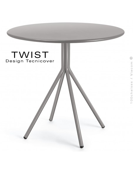 Table ronde pour extérieur TWIST, structure acier galvanisé peint gris tourterelle, plateau tôle Ø80 cm., chant arrondie.