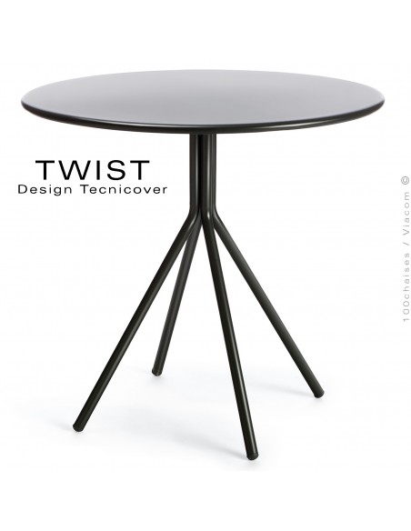Table ronde pour extérieur TWIST, structure acier galvanisé peint noir, plateau tôle Ø80 cm., chant arrondie.