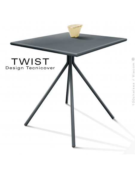 Table carré pour extérieur TWIST, structure acier galvanisé peint anthracite, plateau tôle 70x70 cm., chant arrondie.