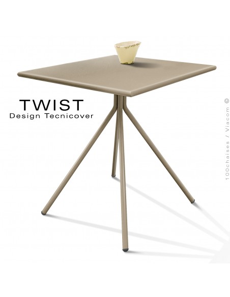 Table carré pour extérieur TWIST, structure acier galvanisé peint beige, plateau tôle 70x70 cm., chant arrondie.
