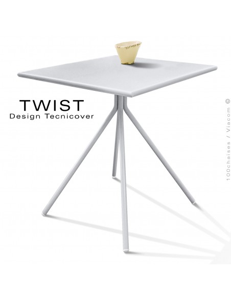 Table carré pour extérieur TWIST, structure acier galvanisé peint blanche, plateau tôle 70x70 cm., chant arrondie.