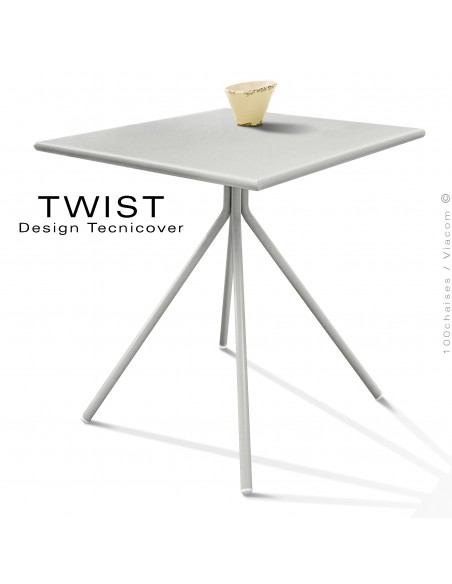 Table carré pour extérieur TWIST, structure acier galvanisé peint blanc perle, plateau tôle 70x70 cm., chant arrondie.