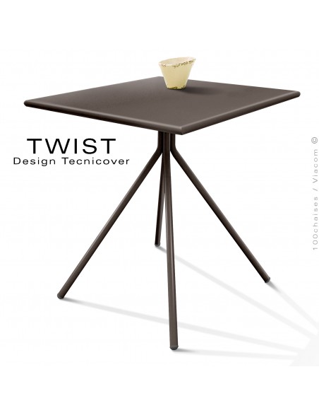 Table carré pour extérieur TWIST, structure acier galvanisé peint bronze, plateau tôle 70x70 cm., chant arrondie.