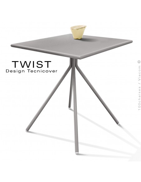 Table carré pour extérieur TWIST, structure acier galvanisé peint gris Tourterelle, plateau tôle 70x70 cm., chant arrondie.