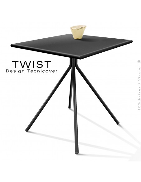 Table carré pour extérieur TWIST, structure acier galvanisé peint noir, plateau tôle 70x70 cm., chant arrondie.
