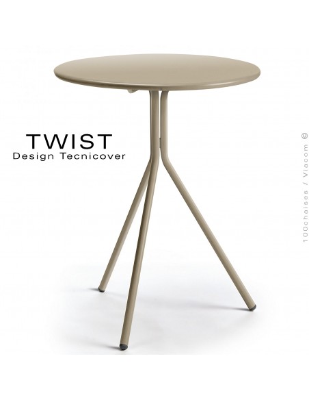Table ronde pour extérieur TWIST, structure acier galvanisé peint beige, plateau tôle Ø65 ou 80 cm., chant arrondi.