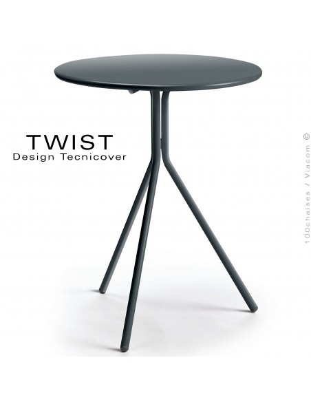 Table ronde pour extérieur TWIST, structure acier galvanisé peint anthracite, plateau tôle Ø65 ou 80 cm., chant arrondi.