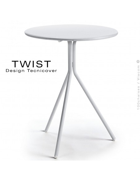 Table ronde pour extérieur TWIST, structure acier galvanisé peint blanc, plateau tôle Ø65 ou 80 cm., chant arrondi.