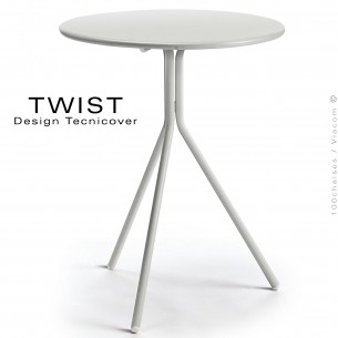 Table ronde pour extérieur TWIST, structure acier galvanisé peint blanc perle, plateau tôle Ø65 ou 80 cm., chant arrondi.