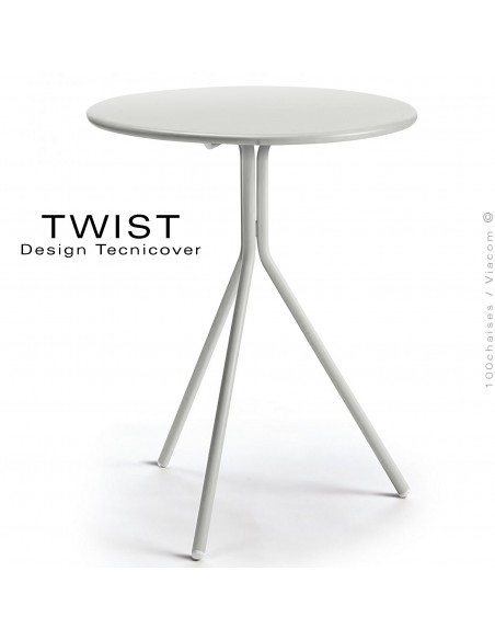 Table ronde pour extérieur TWIST, structure acier galvanisé peint blanc perle, plateau tôle Ø65 ou 80 cm., chant arrondi.
