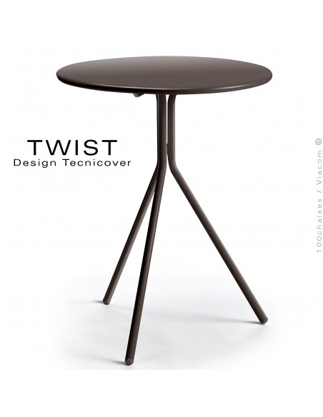Table ronde pour extérieur TWIST, structure acier galvanisé peint bronze, plateau tôle Ø65 ou 80 cm., chant arrondi.