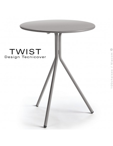 Table ronde pour extérieur TWIST, structure acier galvanisé peint gris Tourterelle, plateau tôle Ø65 ou 80 cm., chant arrondi.