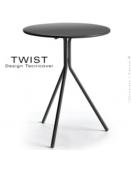 Table ronde pour extérieur TWIST, structure acier galvanisé peint noir, plateau tôle Ø65 ou 80 cm., chant arrondi.
