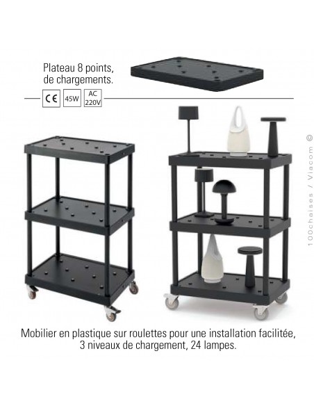 Plateau ou station de recharge capable d'accueillir 8 lampes. Mobilier à roulettes pouvant contenir jusqu'à 24 lampes .