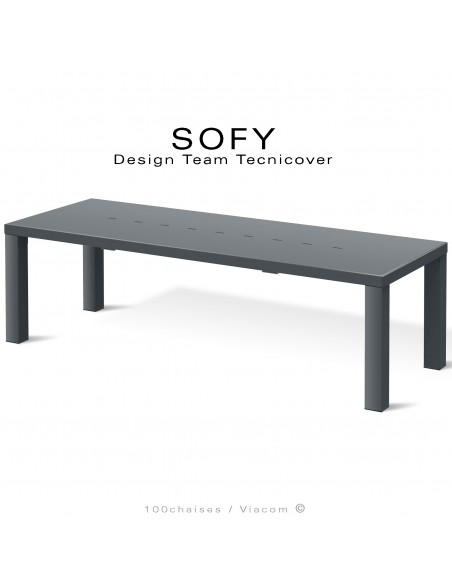 Grand table extensible d'extérieur SOFY, structure acier galvanisé peint anthracite, deux rallonges démontables.