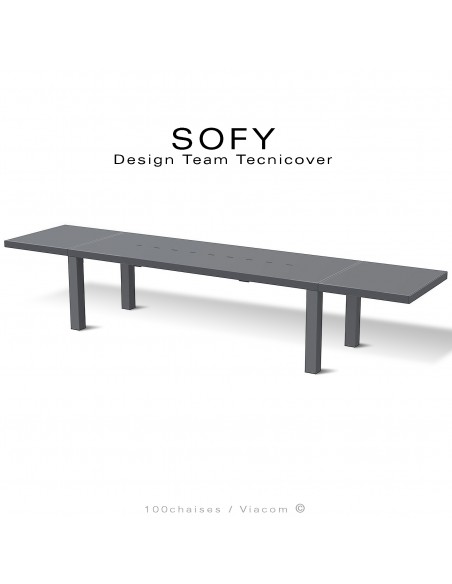 Grand table extensible d'extérieur SOFY, structure acier galvanisé peint anthracite, deux rallonges démontables.