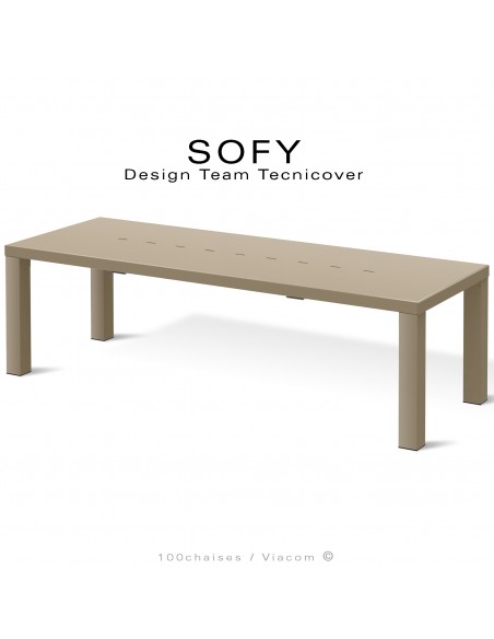 Grand table extensible d'extérieur SOFY, structure acier galvanisé peint beige, deux rallonges démontables.