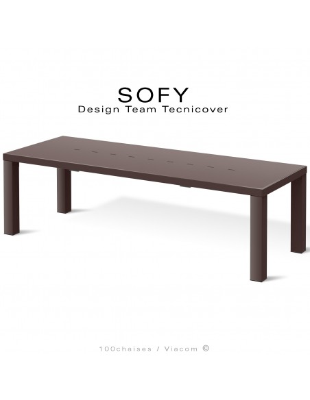 Grand table extensible d'extérieur SOFY, structure acier galvanisé peint bronze, deux rallonges démontables.