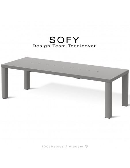 Grand table extensible d'extérieur SOFY, structure acier galvanisé peint gris Tourterelle, deux rallonges démontables.