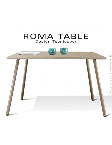 Table carré pour extérieur ROMA, structure acier galvanisé peint beige, plateau tôle 90x90 cm., chant ou bord arrondi.