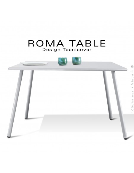 Table carré pour extérieur ROMA, structure acier galvanisé peint blanc, plateau tôle 90x90 cm., chant ou bord arrondi.