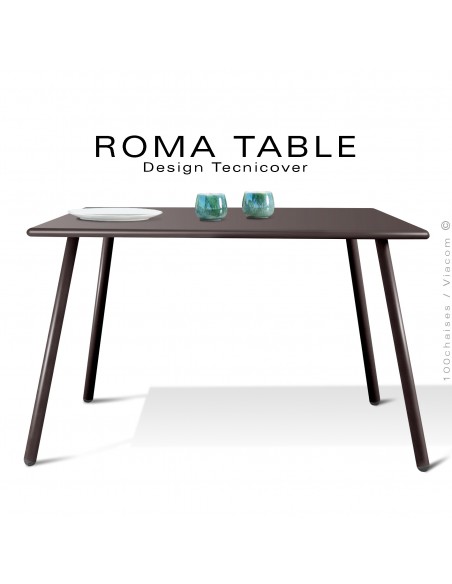 Table carré pour extérieur ROMA, structure acier galvanisé peint bronze, plateau tôle 90x90 cm., chant ou bord arrondi.