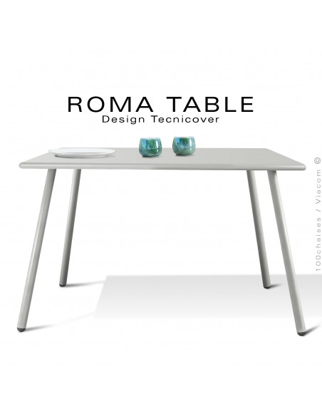 Table carré pour extérieur ROMA, structure acier galvanisé peint blanc perle, plateau tôle 90x90 cm., chant ou bord arrondi.