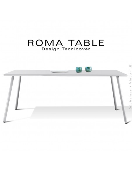 Table rectangulaire pour extérieur ROMA, structure acier galvanisé peint blanc, plateau 160x90 cm., chant arrondi.