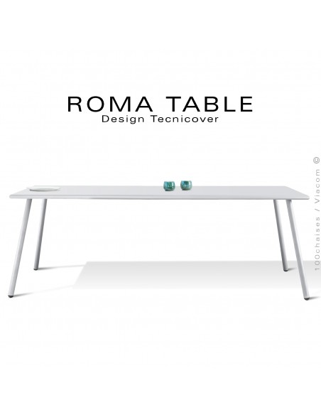 Table rectangulaire pour extérieur ROMA, structure acier galvanisé peint blanc, plateau 190x90 cm., chant arrondi.
