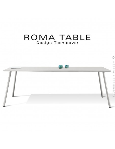Table rectangulaire pour extérieur ROMA, structure acier galvanisé peint blanc perle, plateau 190x90 cm., chant arrondi.