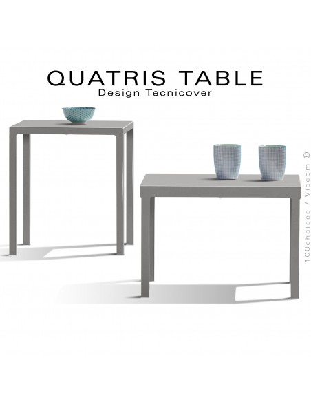 Deux tables d'appoints d'extérieur QUATRIS, structure acier galvanisé peint gris Tourterelle, plateau carré.