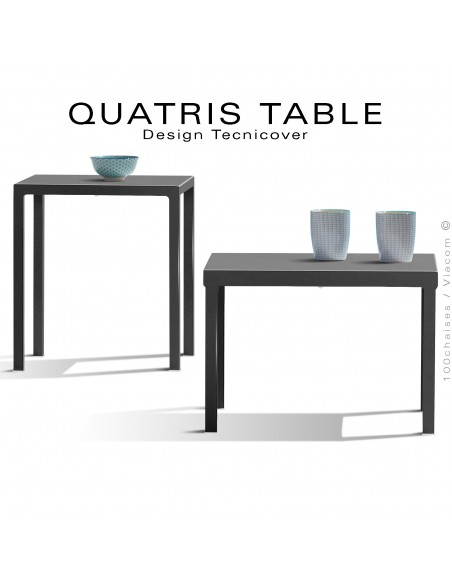 Deux tables d'appoints d'extérieur QUATRIS, structure acier galvanisé peint noir, plateau carré.