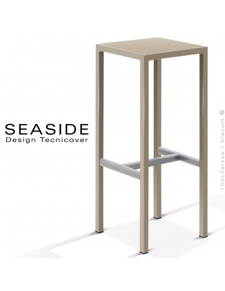 Tabouret de bar ou mange debout d'extérieur, structure et assise carré, acier galvanisé peint beige, avec repose pieds.