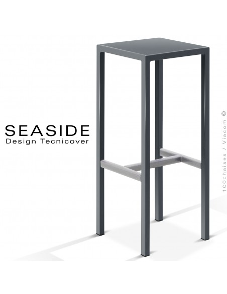 Tabouret de bar ou mange debout d'extérieur, structure et assise carré, acier galvanisé peint anthracite, avec repose pieds.