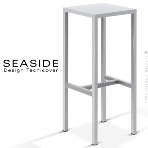 Tabouret de bar ou mange debout d'extérieur, structure et assise carré, acier galvanisé peint blanc, avec repose pieds.